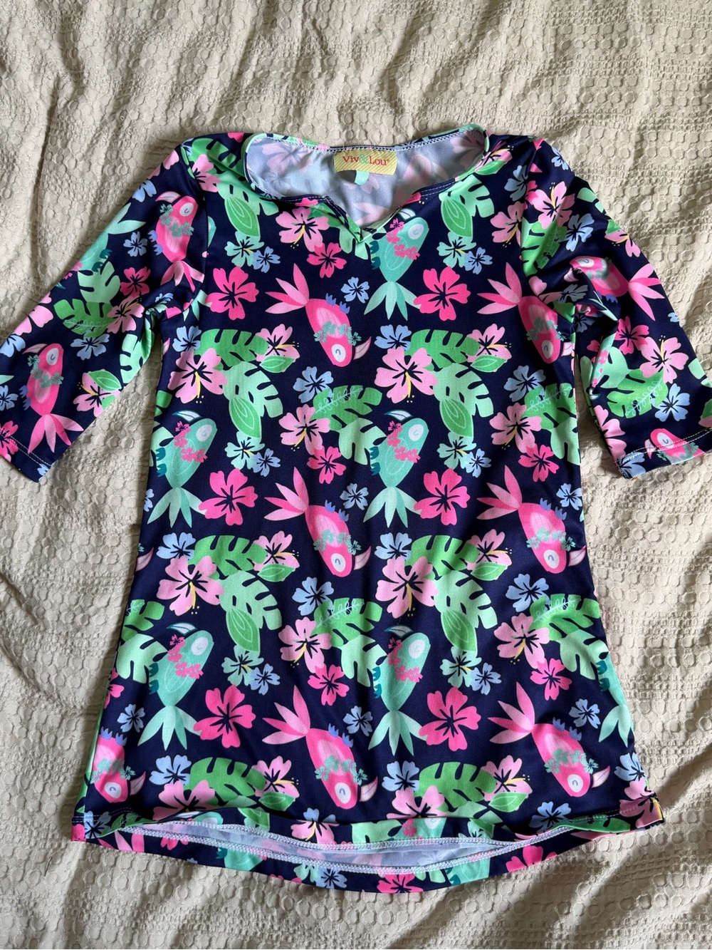 Girls' Navy Tropical Bird Swim Top - Pink & Green Floral